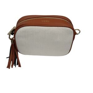 Mersi Cream Canvas Brown Faux Leather Crossbody Camera Bag Purse